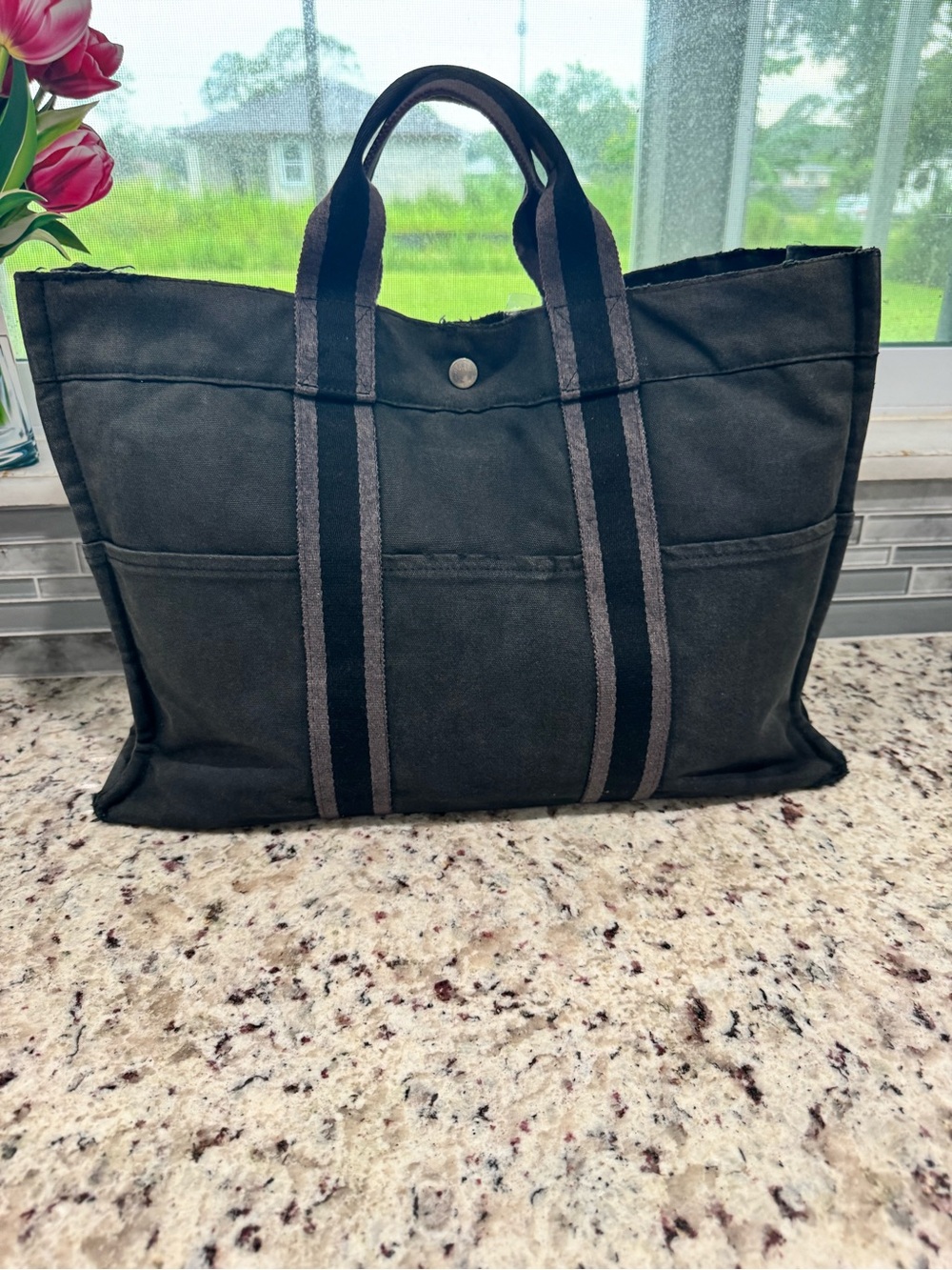 Hermes Fourre Tout Canvas Tote Bag Handbag Satchel Black Grey